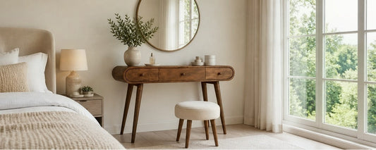 Japandi Curved Mango Wood Dressing Table: How to Style a Minimalist Vanity Space